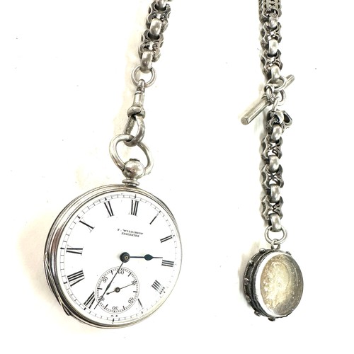 427 - Silver pocket watch marked Wilkinson Leicester with unusual link chain and fob, gross weight 94grams... 