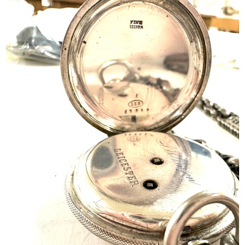 427 - Silver pocket watch marked Wilkinson Leicester with unusual link chain and fob, gross weight 94grams... 