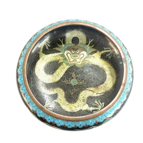 399 - Chinese cloisonne dragon design bowl, 4 character mark to base, 3 inches tall 8 inches diameter