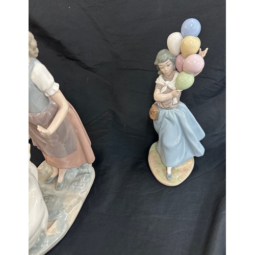 29 - Three Lladro figures includes girl with balloons, girl with geese and boy with wheel barrow of flowe... 