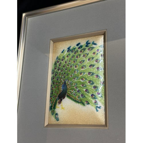 53 - Vintage framed peacock enamel framed picture, measures approximately 14 inches long 11 inches wide