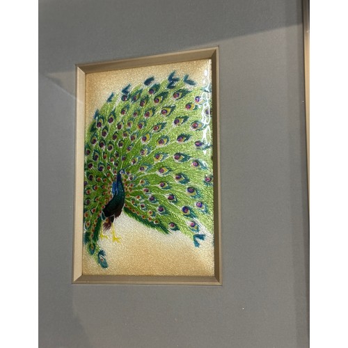 53 - Vintage framed peacock enamel framed picture, measures approximately 14 inches long 11 inches wide