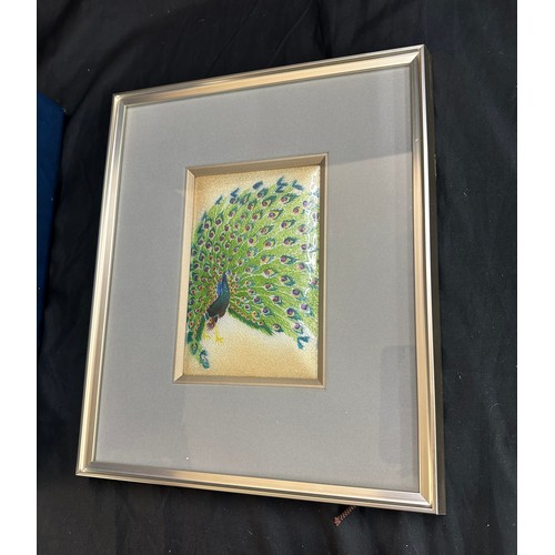 53 - Vintage framed peacock enamel framed picture, measures approximately 14 inches long 11 inches wide