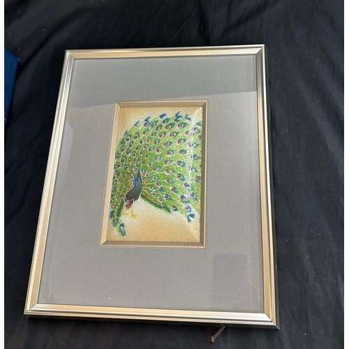 53 - Vintage framed peacock enamel framed picture, measures approximately 14 inches long 11 inches wide