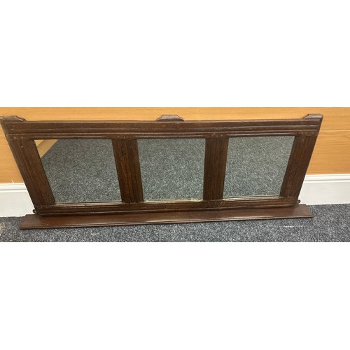 389 - Oak framed 3 panel mantle mirror measures approximately 19 inches tall 52 inches wide