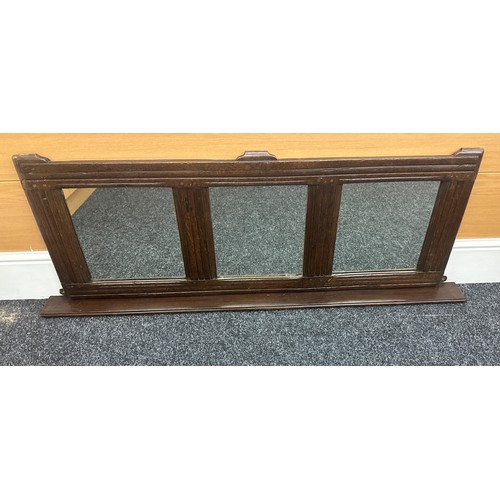 389 - Oak framed 3 panel mantle mirror measures approximately 19 inches tall 52 inches wide