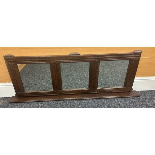 389 - Oak framed 3 panel mantle mirror measures approximately 19 inches tall 52 inches wide