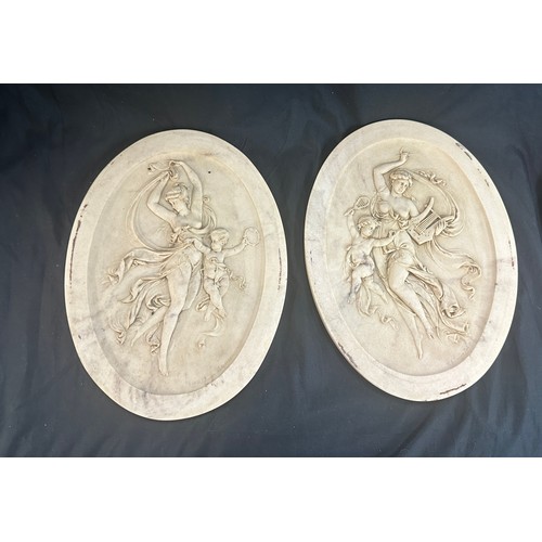 84 - 2 Vintage oval marble wall plaques, cherub design, each measures approximately 13 inches tall 10 inc... 