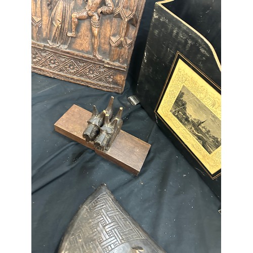 164 - Selection of wooden items includes letter rack, book ends, mantle clock etc