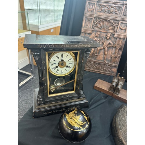 164 - Selection of wooden items includes letter rack, book ends, mantle clock etc