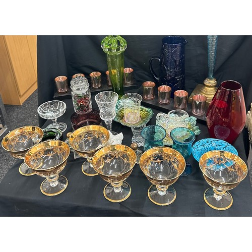 173 - Selection of coloured glassware includes centre piece, glass vase etc