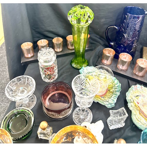 173 - Selection of coloured glassware includes centre piece, glass vase etc