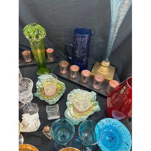 173 - Selection of coloured glassware includes centre piece, glass vase etc