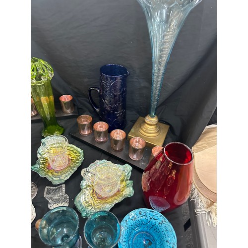 173 - Selection of coloured glassware includes centre piece, glass vase etc