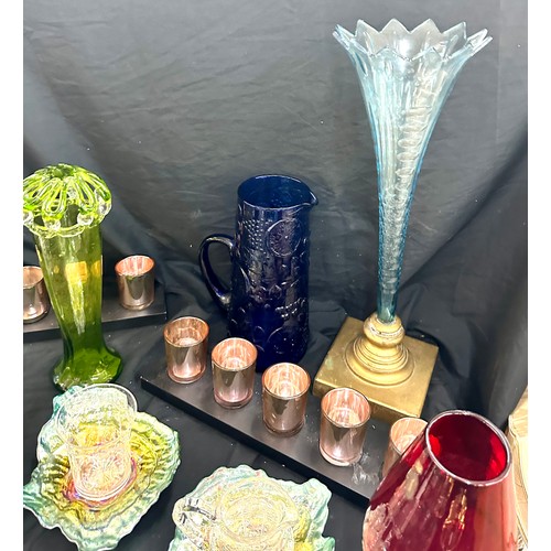 173 - Selection of coloured glassware includes centre piece, glass vase etc