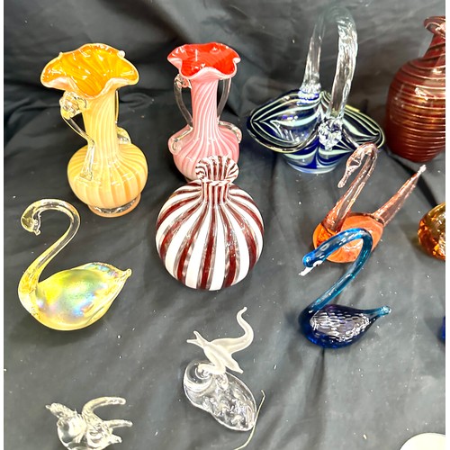 107 - Selection of assorted art glass includes vases, jugs, swans etc