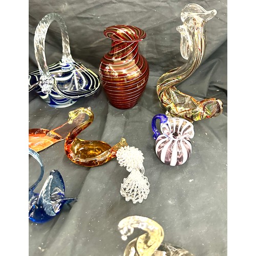 107 - Selection of assorted art glass includes vases, jugs, swans etc