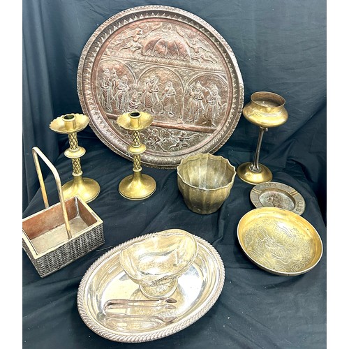 218 - Selection of metalware items to include brass candle sticks, EPNS etc