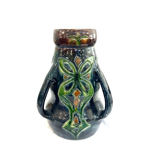 252 - Vintage three handled glazed art nouveau style vase 12 inches tall