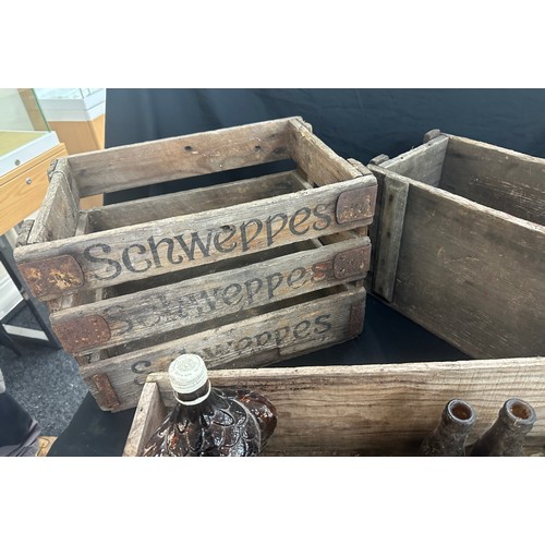 255 - Carboy (large) portugese wooden sardines box advertising bottle, schwepps crate and wooden ammo box