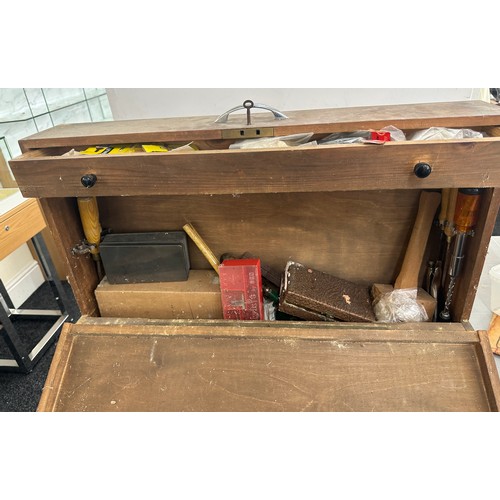 219 - Carpenters tool chest and contents includes mallet drills etc