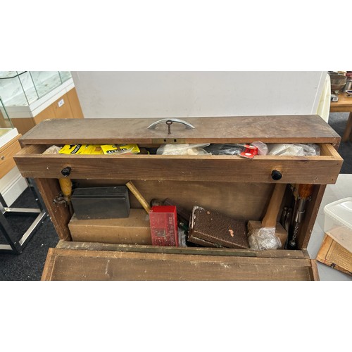 219 - Carpenters tool chest and contents includes mallet drills etc