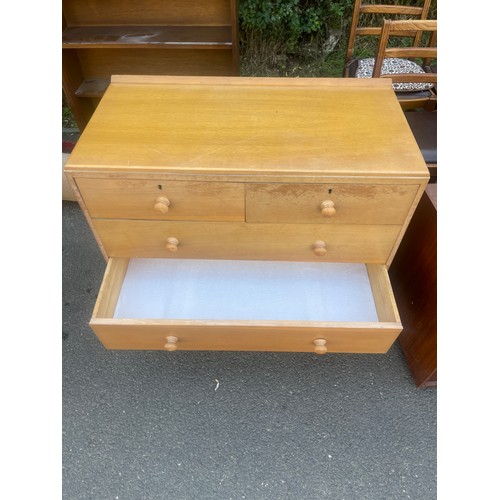 350 - Oak 5 drawer 2 over 3 chest measures approximately 35 inches tall 18 inches depth 32 inches wide