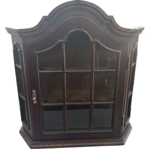 356 - Vintage oak wall display cabinet measures approximately: 27.5 inches tall by 26.5. inches wide and 7... 