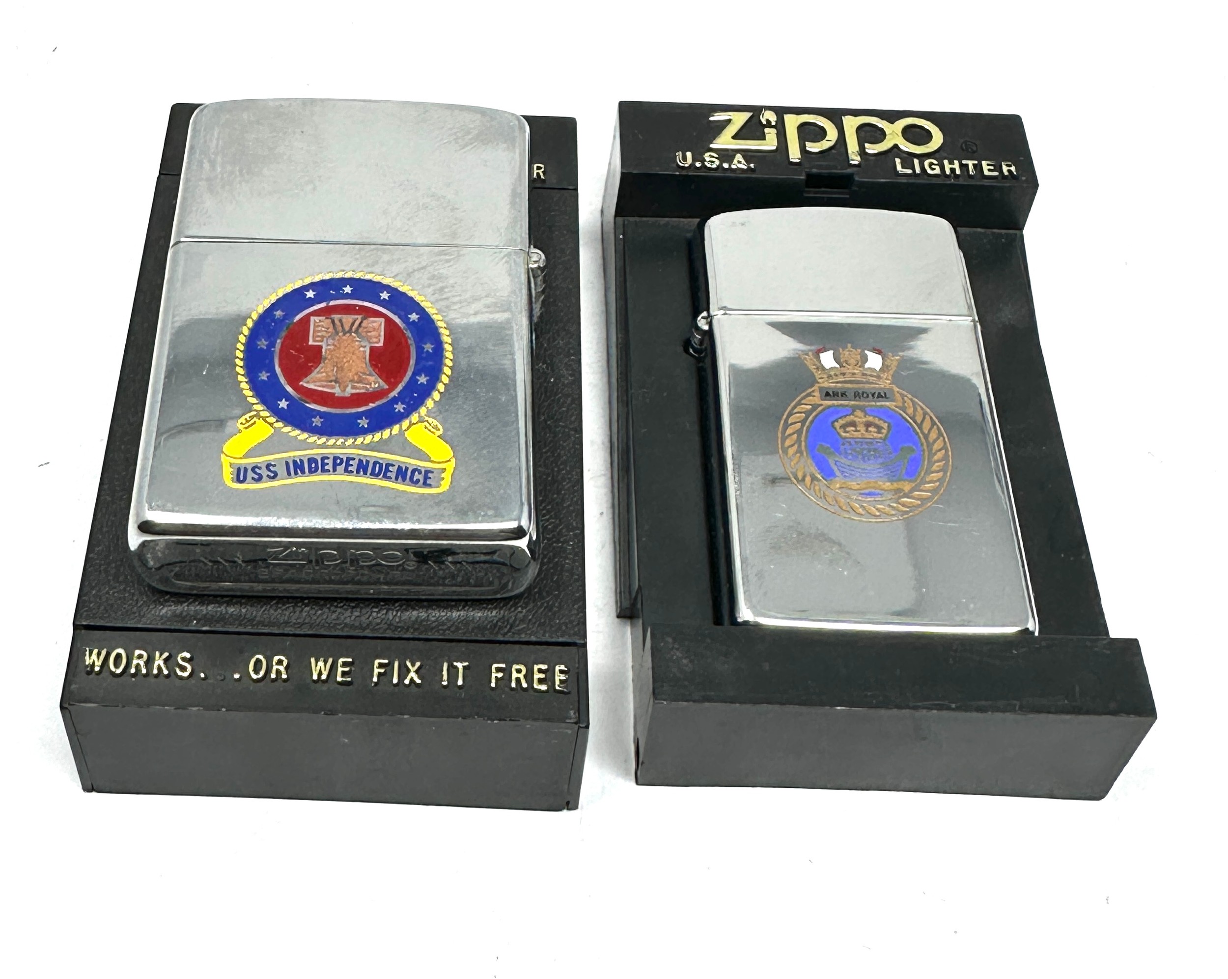 2 x Zippo Lighters Inc Military HMS Ark Royal Slim Chrome