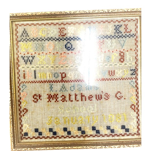 406 - Vintage 1881 victorian sampler measures approx 9 inches by 9 inches