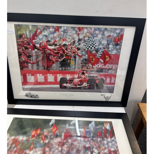 12 - Two framed racing signed prints by Peter Cornwell ' Out in Front' and ' A Heroes Welcome' measures a... 