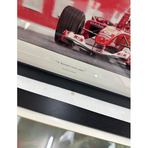 12 - Two framed racing signed prints by Peter Cornwell ' Out in Front' and ' A Heroes Welcome' measures a... 