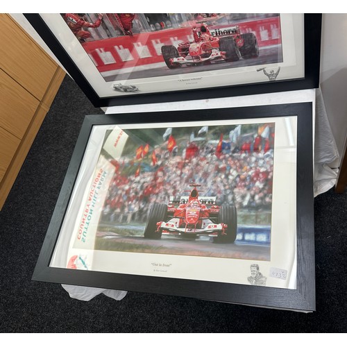 12 - Two framed racing signed prints by Peter Cornwell ' Out in Front' and ' A Heroes Welcome' measures a... 