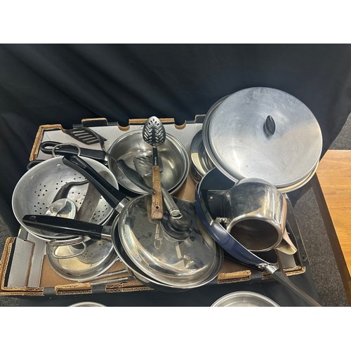 230 - Selection of kitchenalia includes frying pans, saucepans etc