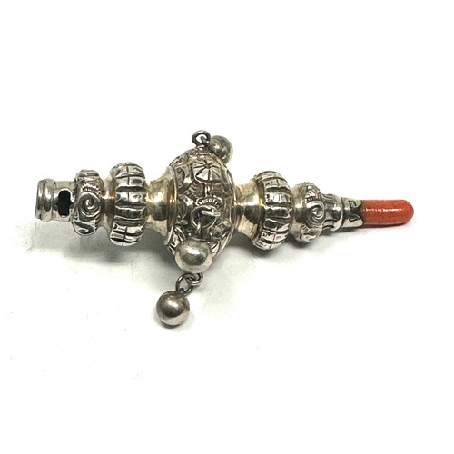 27 - antique silver baby rattle / whistle coral handle