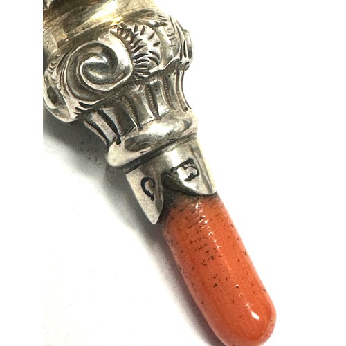 27 - antique silver baby rattle / whistle coral handle