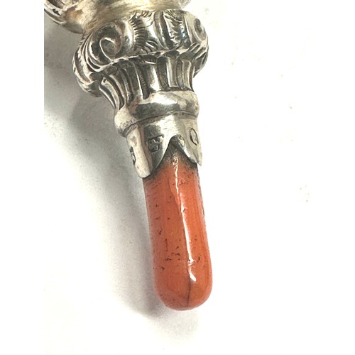 27 - antique silver baby rattle / whistle coral handle