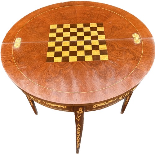 284 - Pair mahogany inlaid marquetry games tables, with drawer, Length 32 inches, Height 31 inches, depth ... 