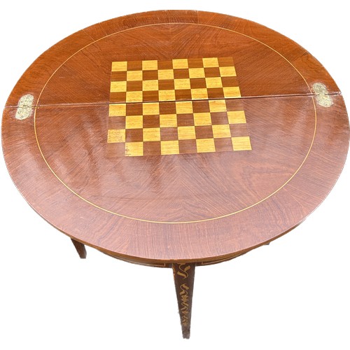 284 - Pair mahogany inlaid marquetry games tables, with drawer, Length 32 inches, Height 31 inches, depth ... 