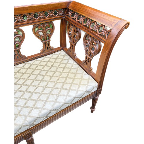 286 - Mahogany fretted window seat, padded seat, approximate measurements: Length 56 inches, Depth 23.5 in... 