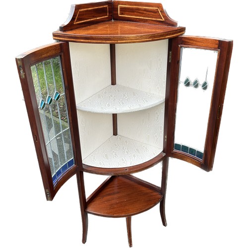 325 - Mahogany inlaid corner cabinet, leaded stain glass door, approximate measurements: Width 21 inches, ... 