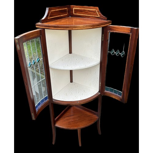 325 - Mahogany inlaid corner cabinet, leaded stain glass door, approximate measurements: Width 21 inches, ... 