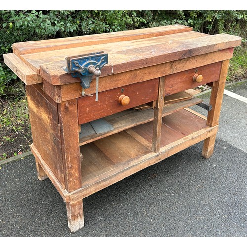 290 - 2 drawer woodworkers bench with vice, approximate measurements: Length 50 inches, Depth 22 inches, H... 