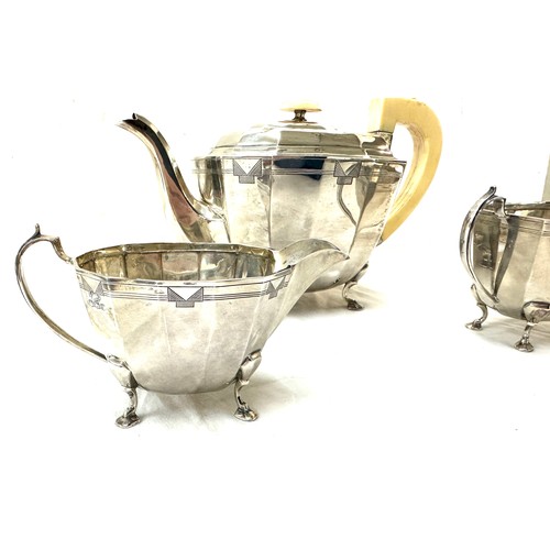 425 - Silver art deco 3 piece tea set, total weight 925 grams makers mark P E & Sons, Sheffield silver hal... 