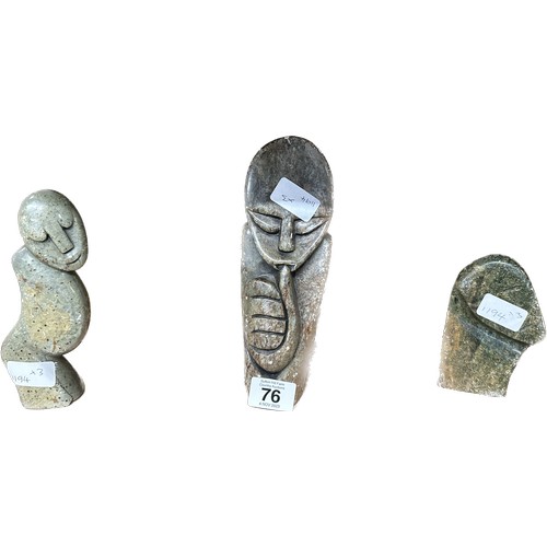 76 - 3 carved soap stone figures, tallest measures approxiamtely: 9 inches tall