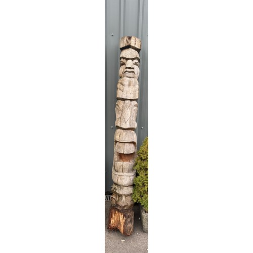 100Q - Large vintage carved totem pole measures approx 83 inches tall x 10 inches wide