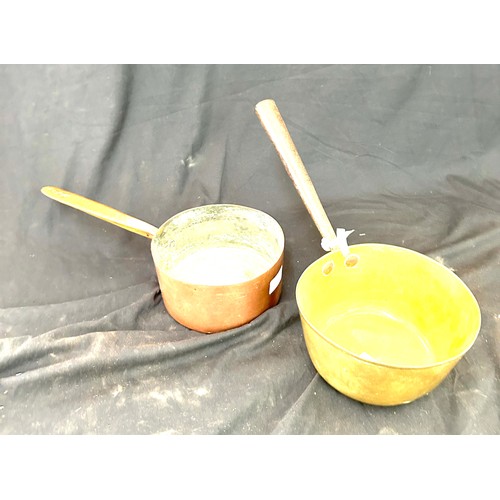 52 - 2 Antique small brass and copper saucepans 7.5 inches diameter