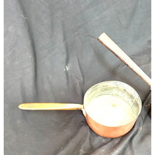 52 - 2 Antique small brass and copper saucepans 7.5 inches diameter