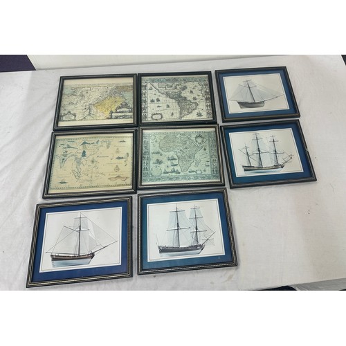 16 - Selection of framed map pictures, ships etc largest measures approximately 9 inches tall 10.5 inches... 