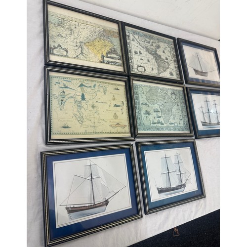 16 - Selection of framed map pictures, ships etc largest measures approximately 9 inches tall 10.5 inches... 